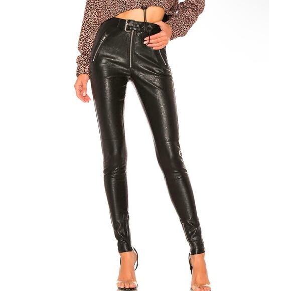 Danielle Guizio Black Ultra High Waisted Faux Leather Belted Skinny Pants Small - Picture 1 of 15